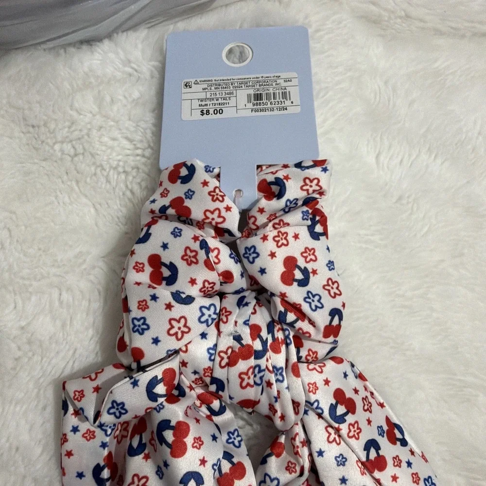 Oh My Stars Twister With Tails Hair Scrunchie, Americana Stars & Cherries, NWT